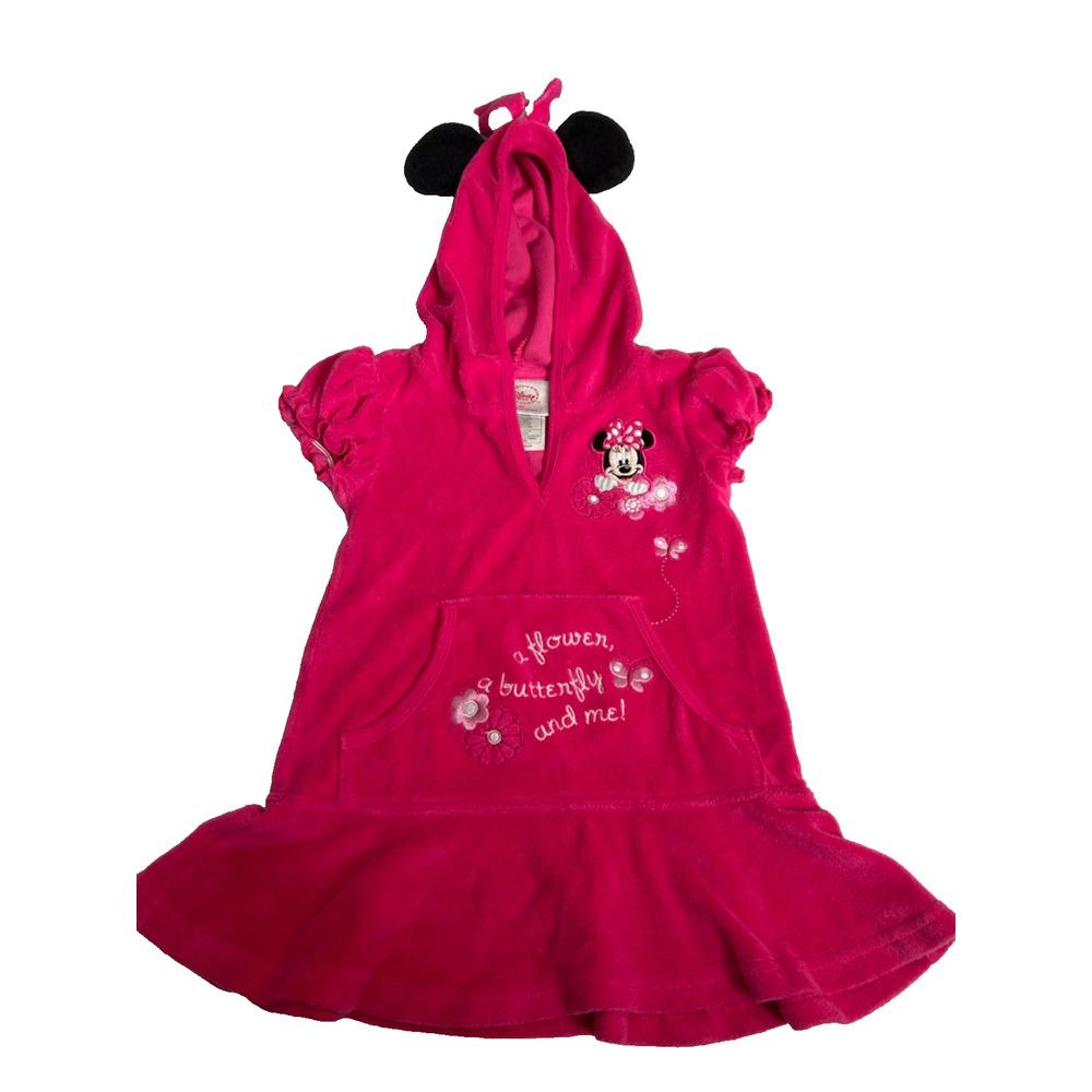 Disney Minnie Mouse Girls 2T Hot Pink Hooded Terry Swimsuit Cover Up Embroidered